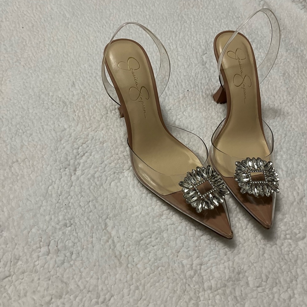 Jessica Simpson Clear Slingback Heels with Crystal Embellishment